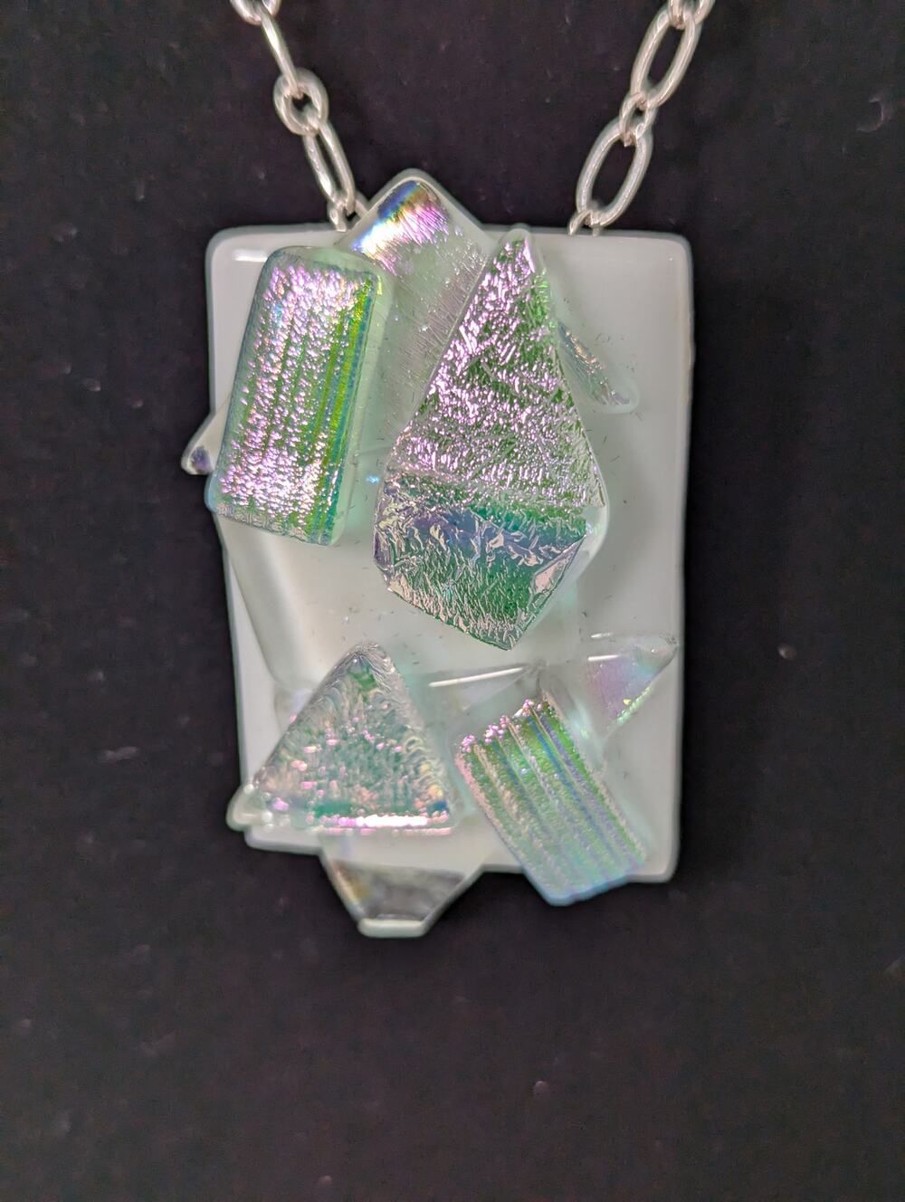 White fused + iridescent glass aurora Pin/Pendant SP 20" chain 11/4" x 1 3/4"